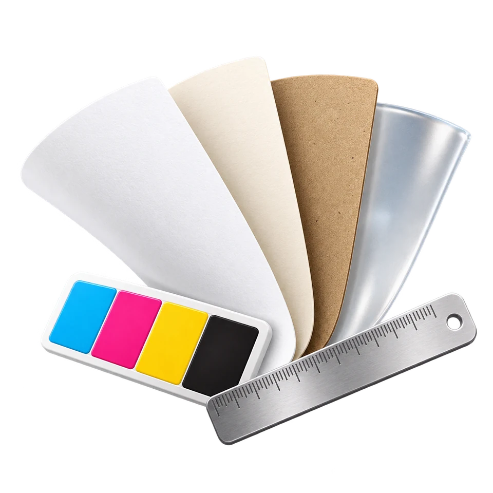 Bộ mẫu giấy, thước đo và bảng màu CMYK minh họa lựa chọn quy cách in