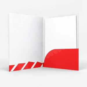Folder giấy mở dựng, tai giữ giấy màu đỏ và tờ tài liệu trắng bên trong