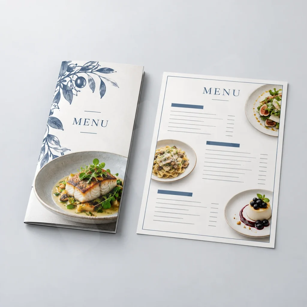 Render minh họa menu dạng cuốn và tờ đơn để đối chiếu quy cách khi báo giá