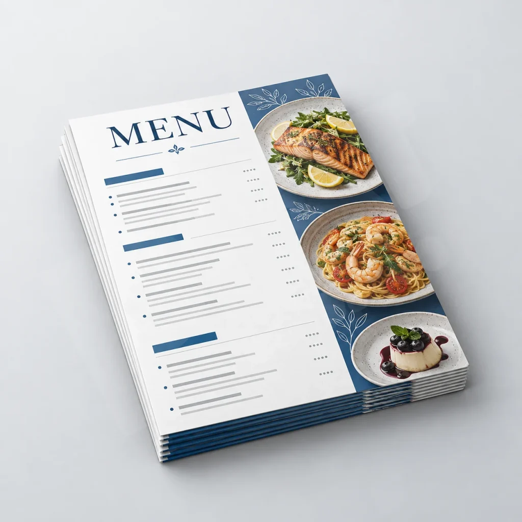 Render minh họa tập menu tờ rời cùng quy cách cho đơn in menu gấp