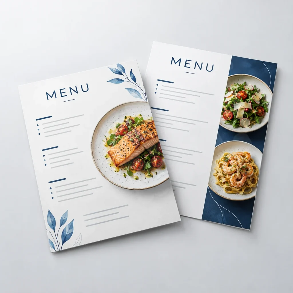 Chọn Chất Liệu In Menu: Giấy Cán Màng, Nhựa Hay Ép Plastic? 1 Render minh họa hai mẫu menu giấy với bề mặt hoàn thiện khác nhau khi chọn chất liệu