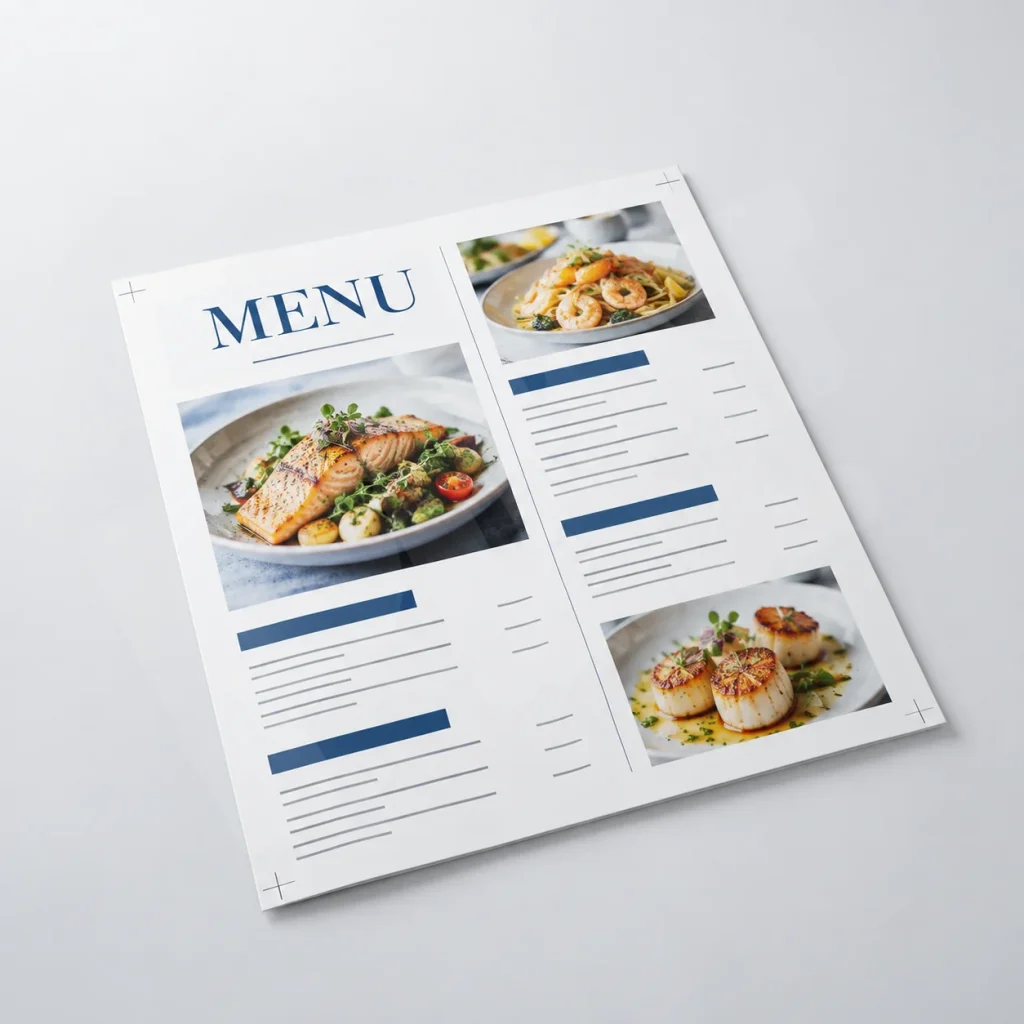 Render minh họa tờ in thử menu có dấu xén và vùng chừa để kiểm tra file trước khi in