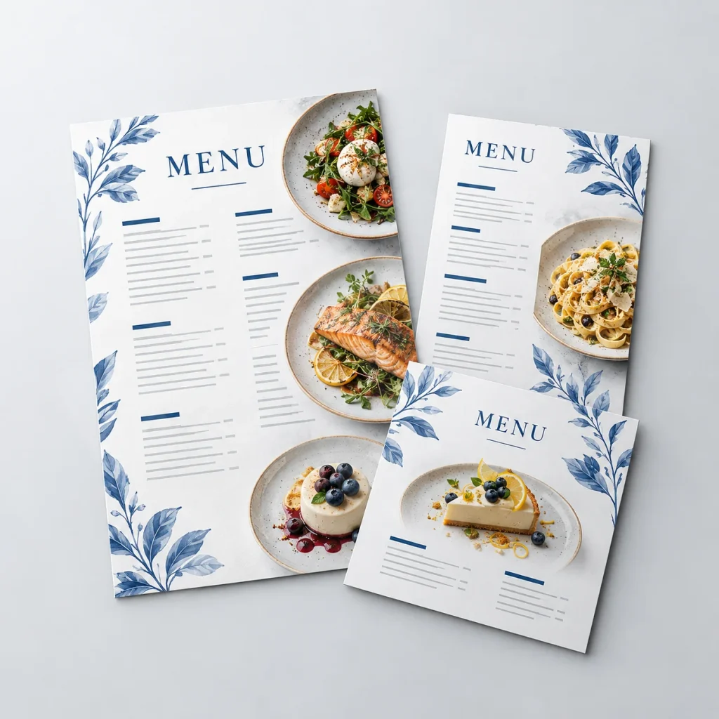 Render minh họa kích thước menu với mẫu khổ lớn, khổ nhỏ và khổ vuông