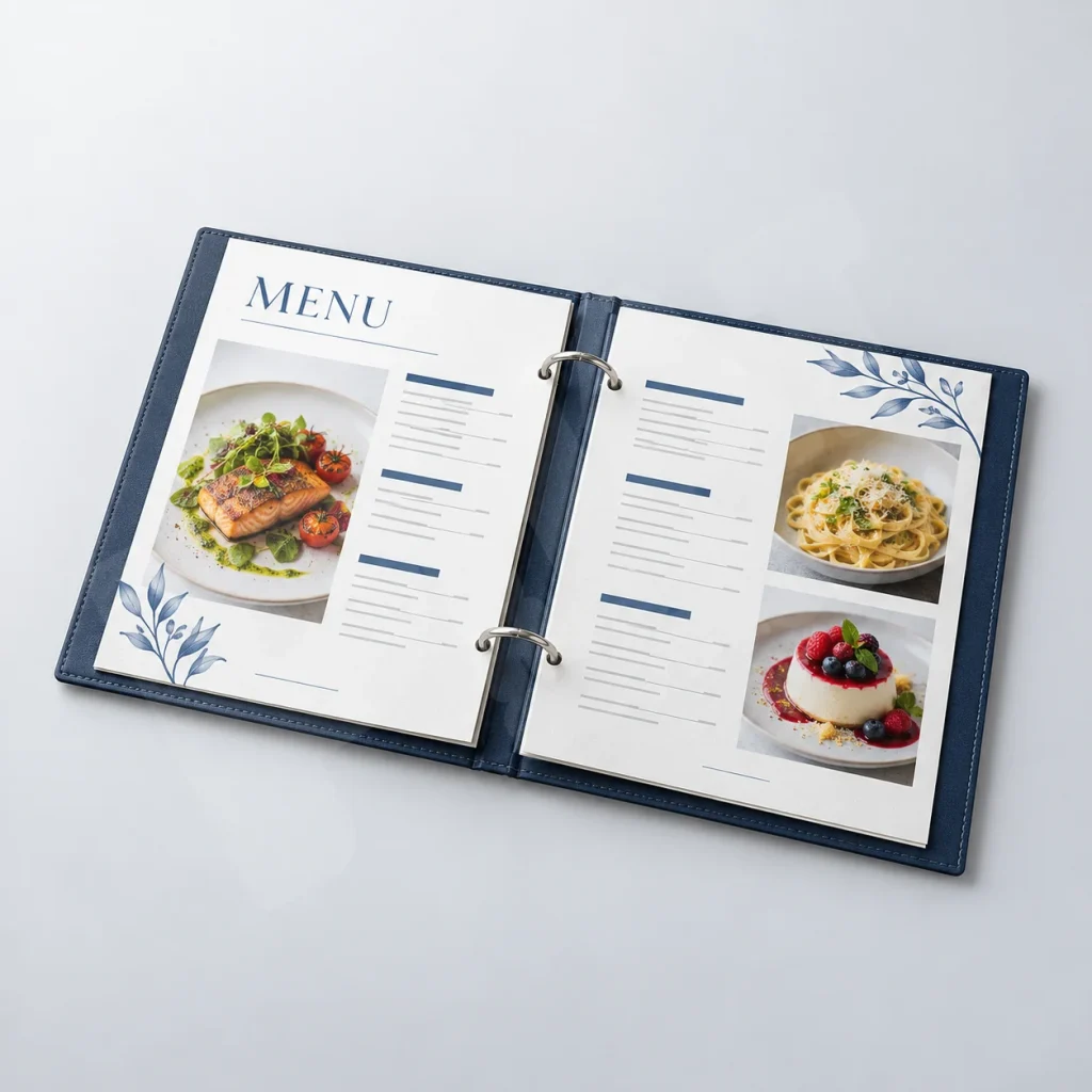 Gáy Menu: 3 Loại Khoen, Lò Xo Và Gáy Ốc Cần Kiểm Tra 1 Render minh họa menu đóng khoen mở với hai khoen kim loại giữ ruột menu