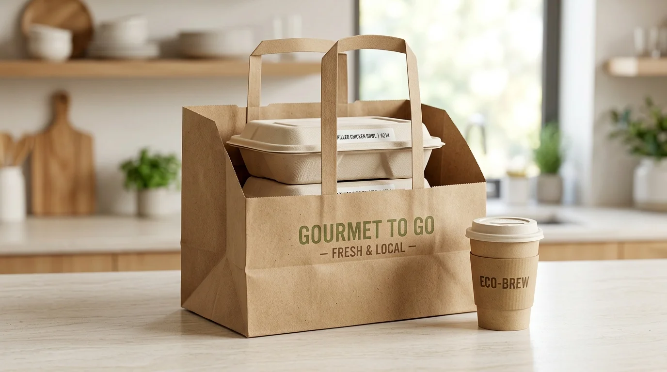 Mẫu túi giấy kraft đáy vuông đựng hộp cơm bã mía và ly cafe takeaway vững chãi tại Nhà In Phát