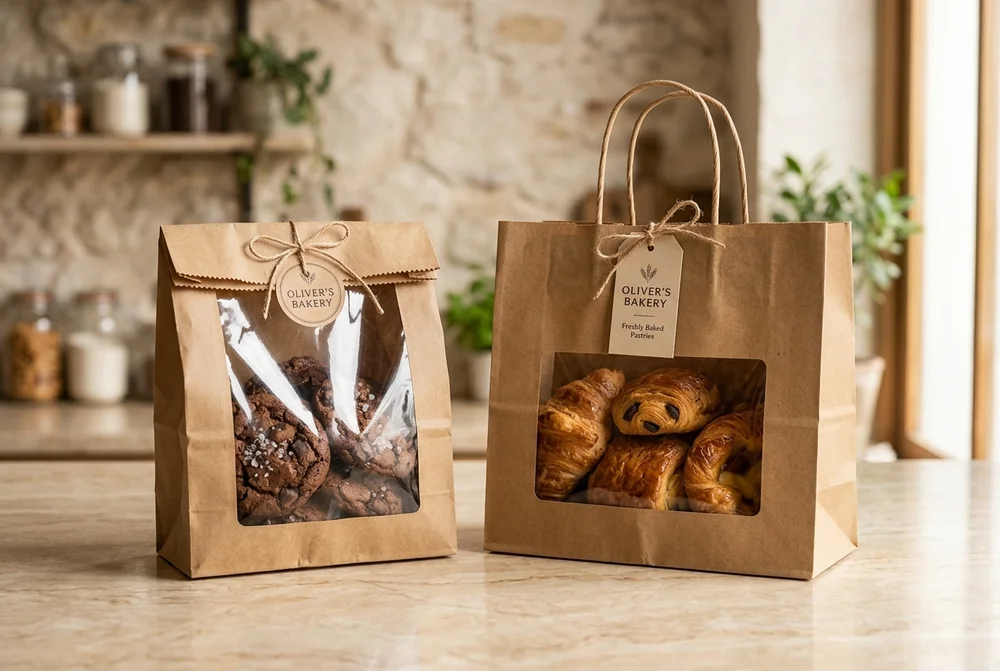 In Túi Giấy Tiệm Bánh, Bakery: Chuẩn Vệ Sinh An Toàn & Mẫu Đẹp 2 Túi giấy kraft đáy vuông và túi giấy có cửa sổ kính trong suốt đựng bánh mì ngọt tiệm bakery
