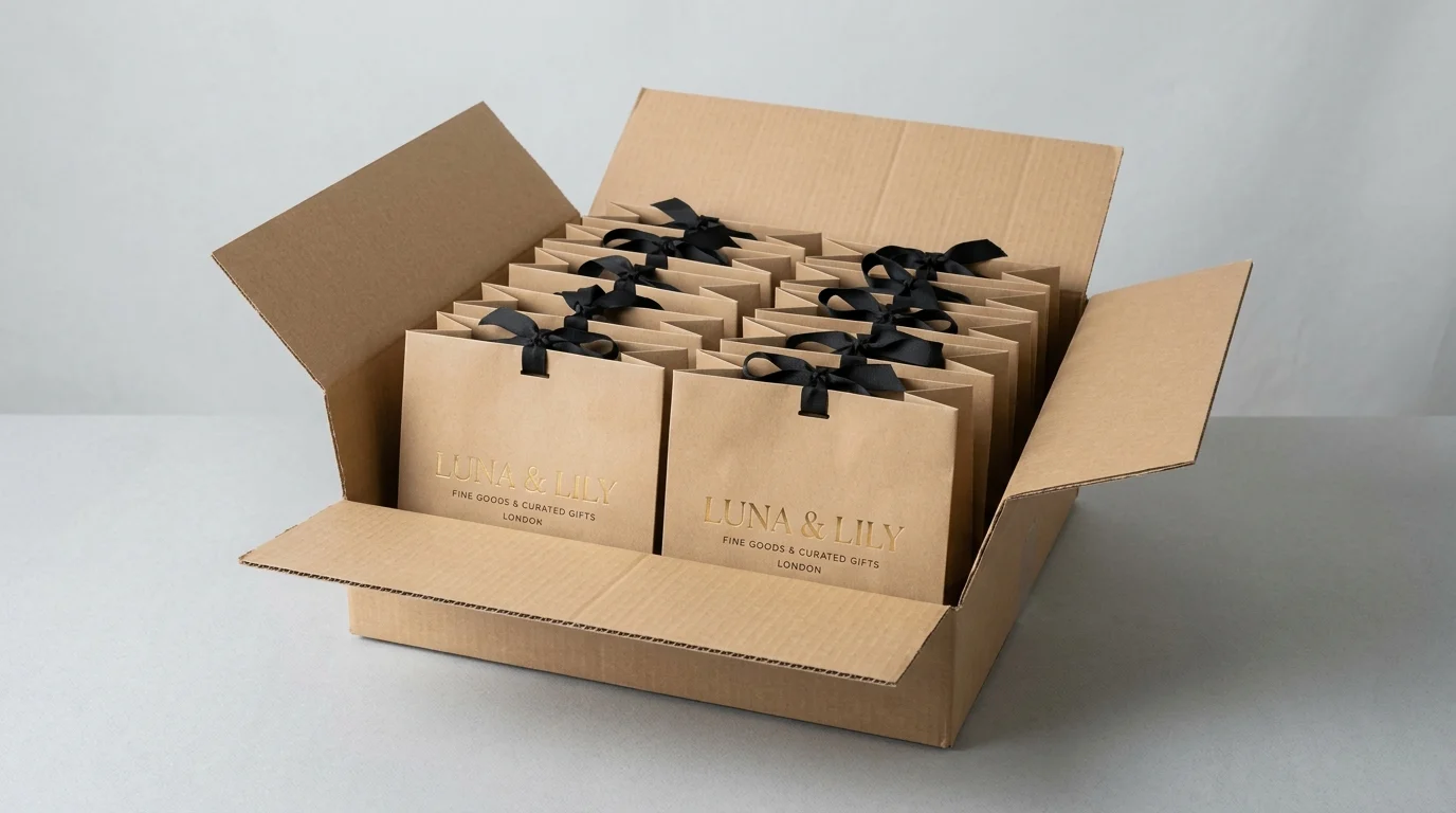 Thùng carton chứa các túi giấy kraft quai nơ cao cấp đóng gói bảo quản giao hàng tận nơi