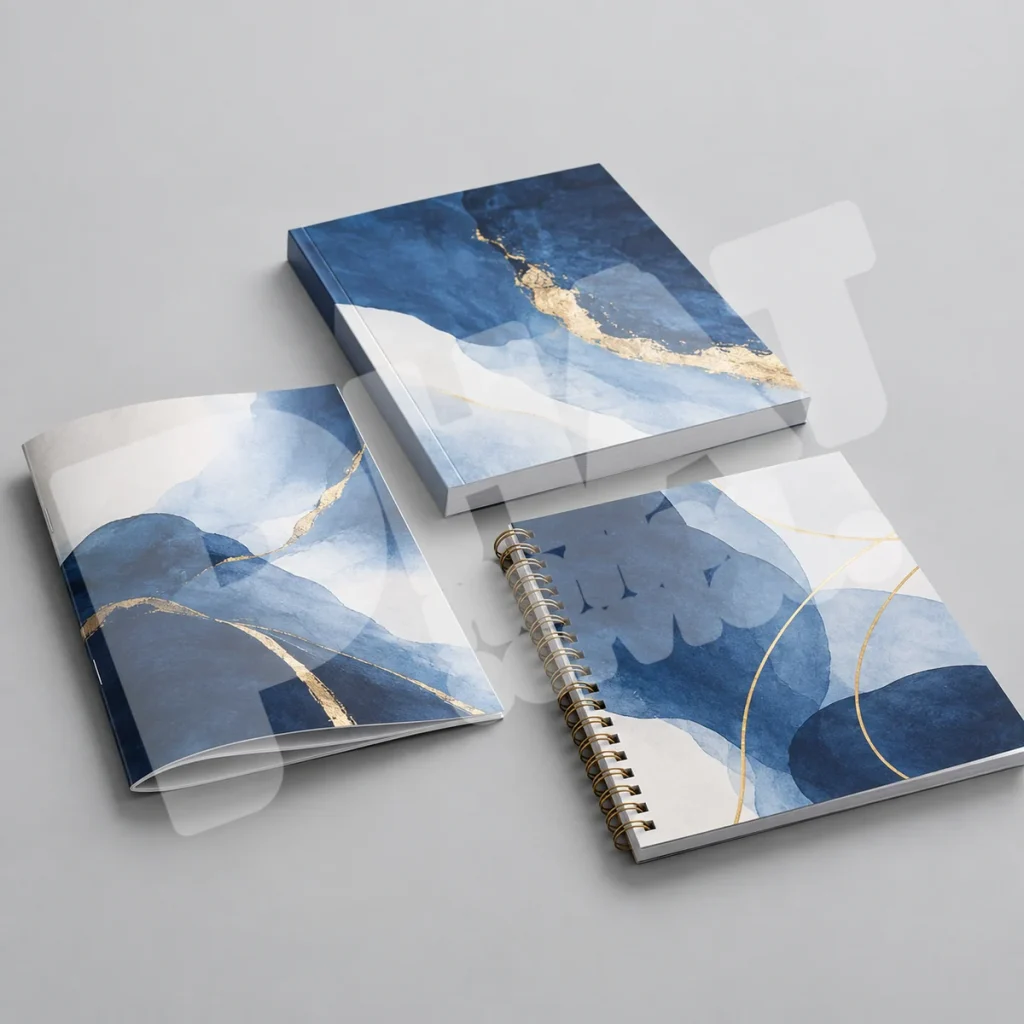 Ba mẫu catalogue với kiểu đóng cuốn khác nhau trên nền studio