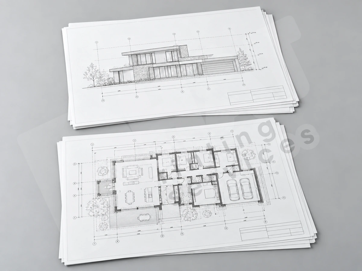 Photo Bản Vẽ Khổ Lớn Từ Bản Giấy: Kiểm Bản Gốc Và Duyệt Bản Sao 3 Các bản sao bản vẽ trắng đen minh họa được xếp thành bộ có khung tên rõ