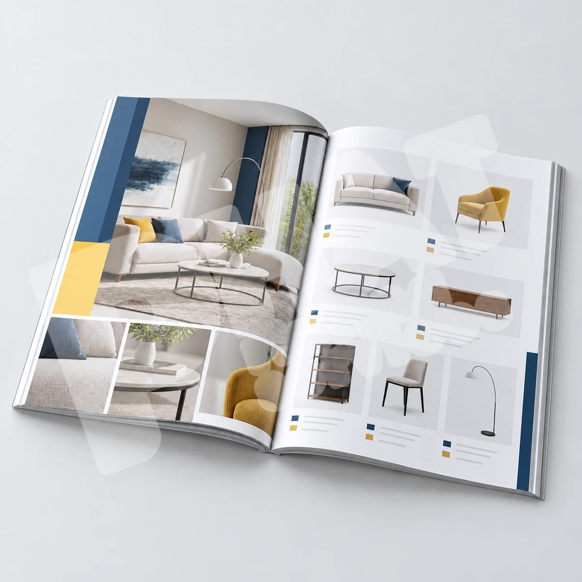 Trang catalogue A4 mở cho thấy ảnh nội thất và bảng sản phẩm dễ đọc