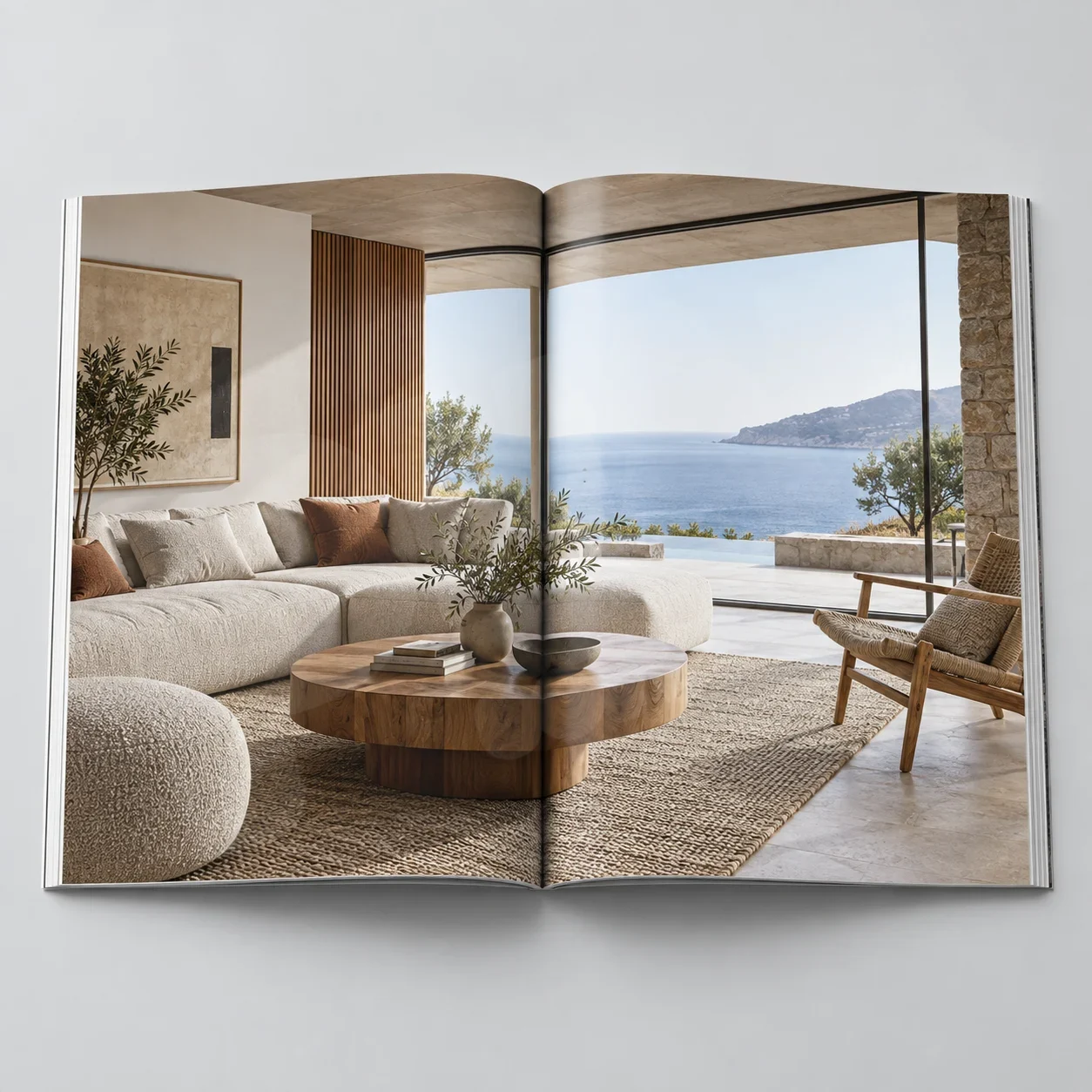 Catalogue mở trang ảnh nội thất để kiểm độ nét ở kích thước in thực tế