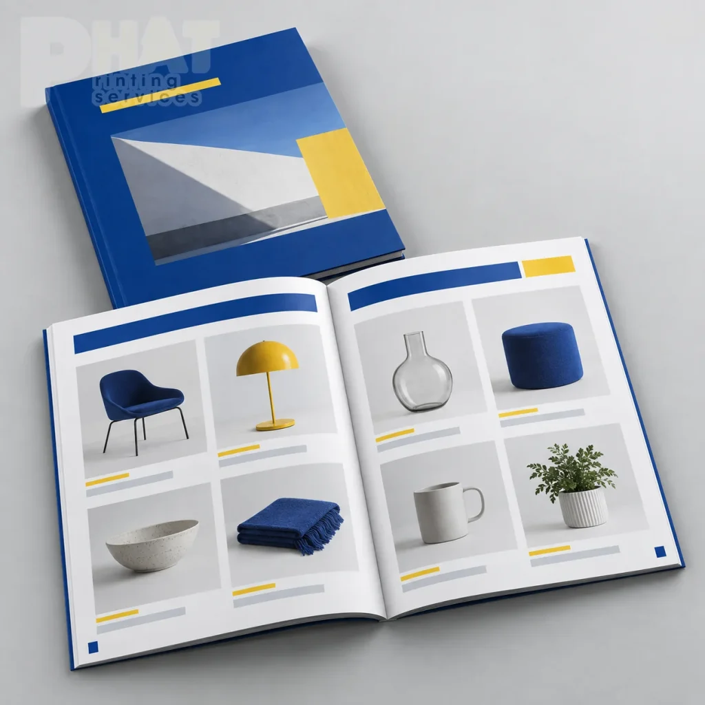 Minh họa catalogue sản phẩm mở ở trang bố cục ảnh và mã hàng