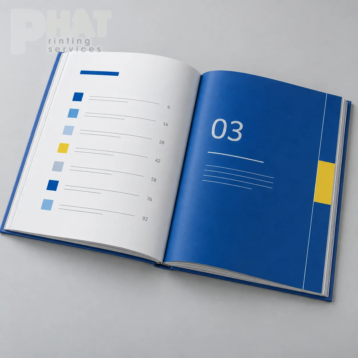 Minh họa catalogue mở ở phần mục lục và trang chia nhóm sản phẩm