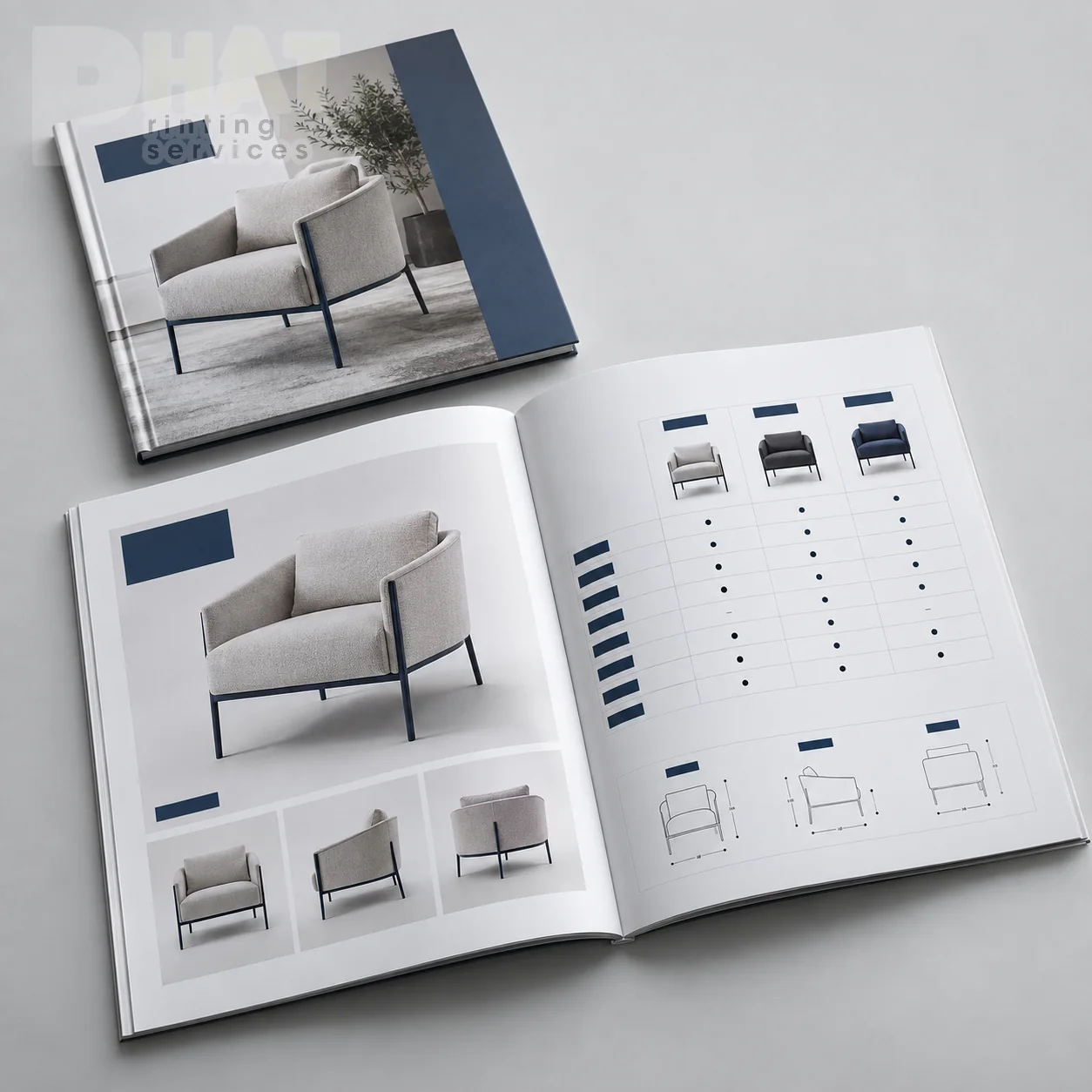 Minh họa trang chi tiết catalogue có ảnh sản phẩm và vùng thông số dễ tra cứu