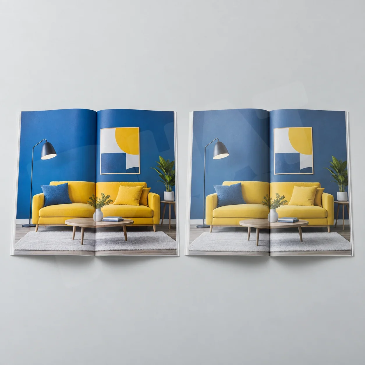 Màu CMYK khi in catalogue: vì sao bản in khác màn hình? 2 Hai mẫu catalogue với cùng bố cục để đối chiếu sắc độ xanh và vàng trên bản in