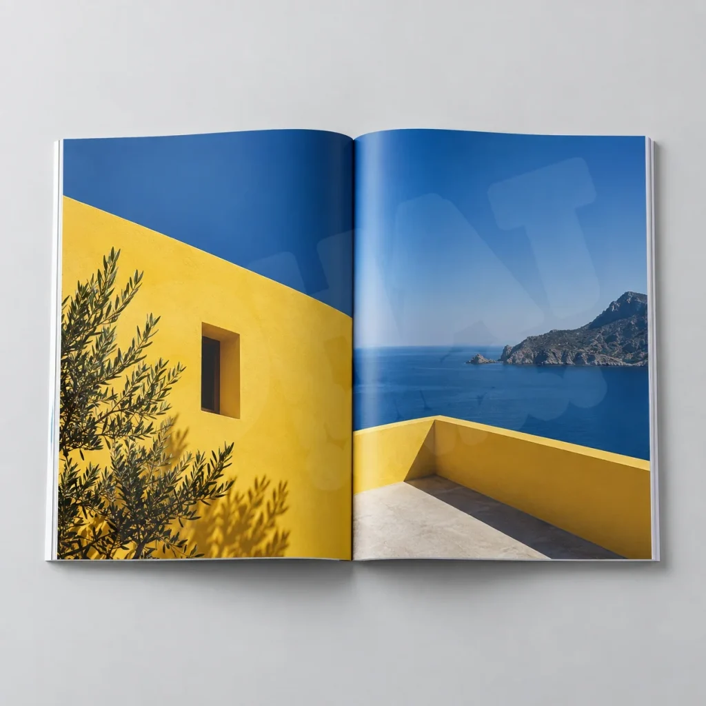 Màu CMYK khi in catalogue: vì sao bản in khác màn hình? 1 Catalogue mở trang ảnh màu xanh và vàng minh họa việc duyệt màu in CMYK