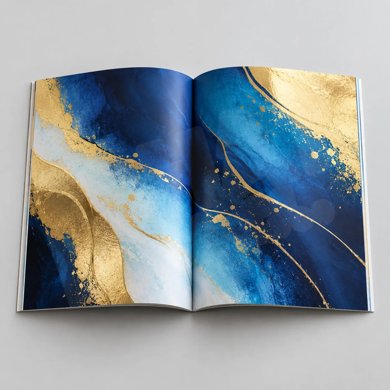 Màu CMYK khi in catalogue: vì sao bản in khác màn hình? 3 Trang mở catalogue có vùng xanh đậm và vùng sáng để kiểm chuyển sắc khi in