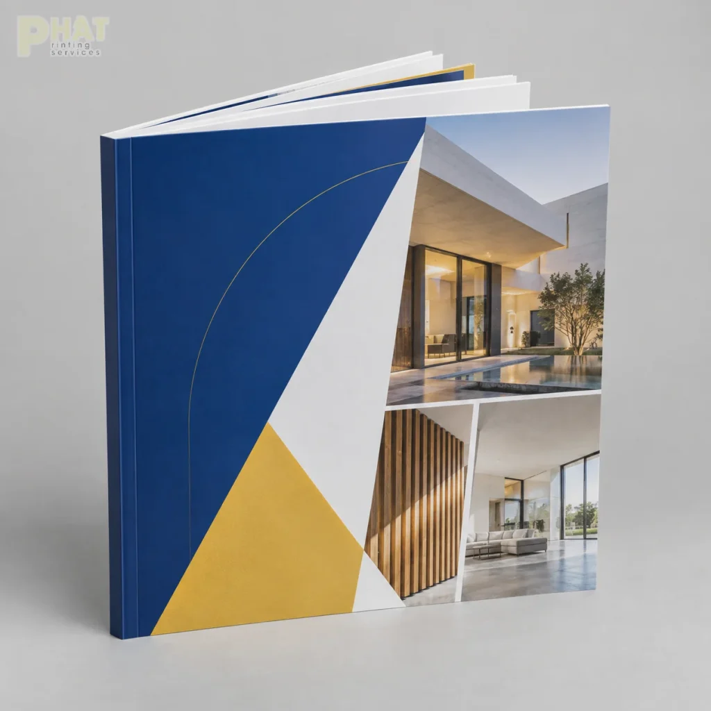 Minh họa catalogue gáy keo bìa xanh vàng với khối trang đóng thẳng