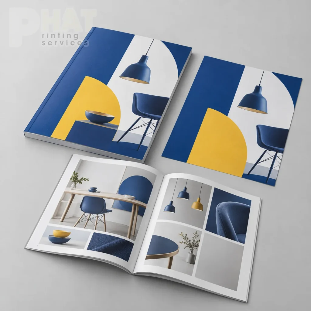 Minh họa một cuốn catalogue mẫu và tờ bìa thử trên nền studio