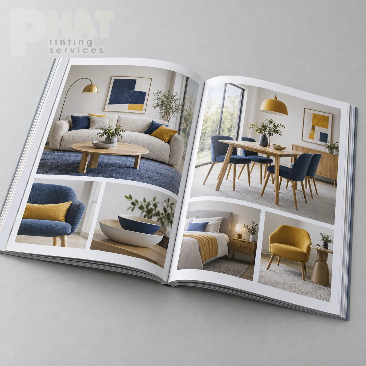 Minh họa cuốn catalogue mẫu mở ruột để kiểm thứ tự trang và vùng sát gáy