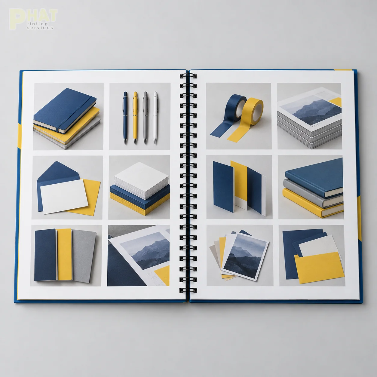 Minh họa catalogue đóng lò xo kim loại mở phẳng trên bàn để xem sản phẩm