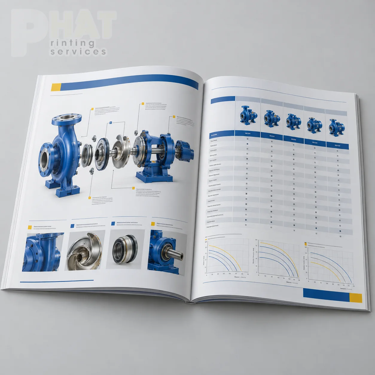 Minh họa trang catalogue máy móc có sơ đồ cấu tạo và bảng thông số