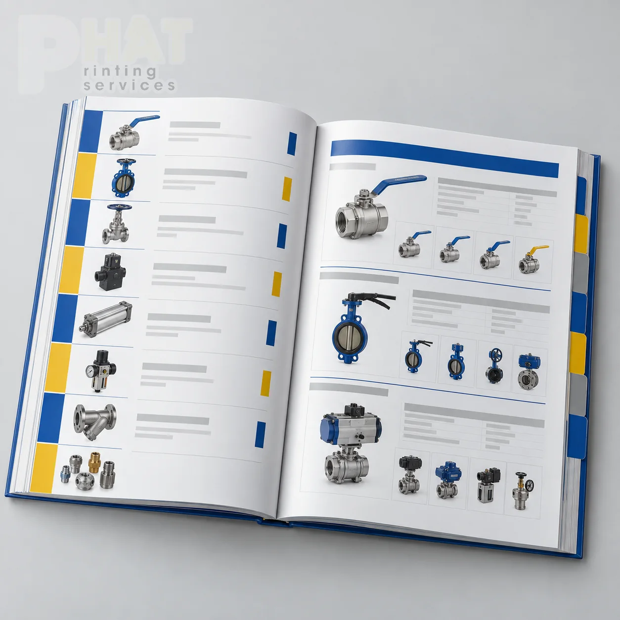Minh họa catalogue thiết bị mở trang phân nhóm và mục lục model
