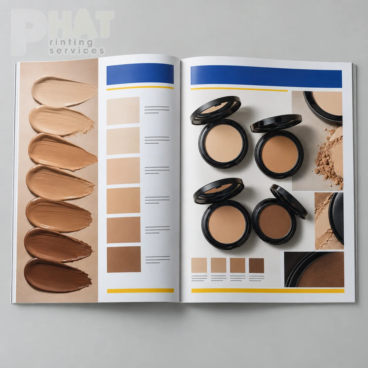 Minh họa catalogue mỹ phẩm mở ở trang so sánh sắc độ và ảnh bao bì