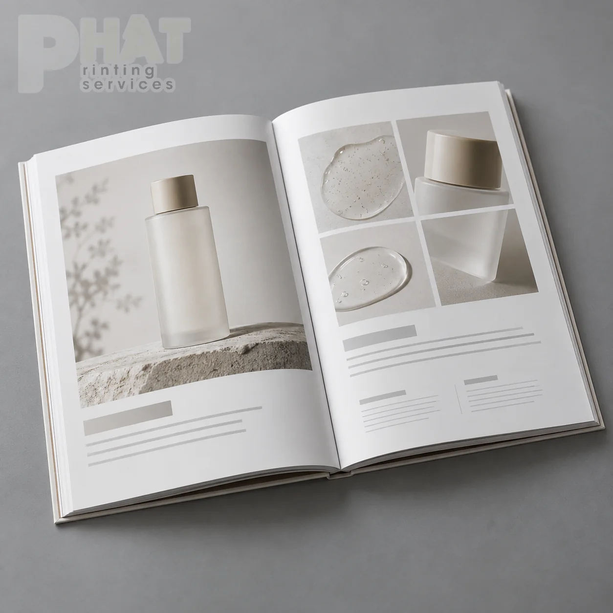 Minh họa trang chi tiết catalogue mỹ phẩm in ảnh bao bì và vùng thông tin