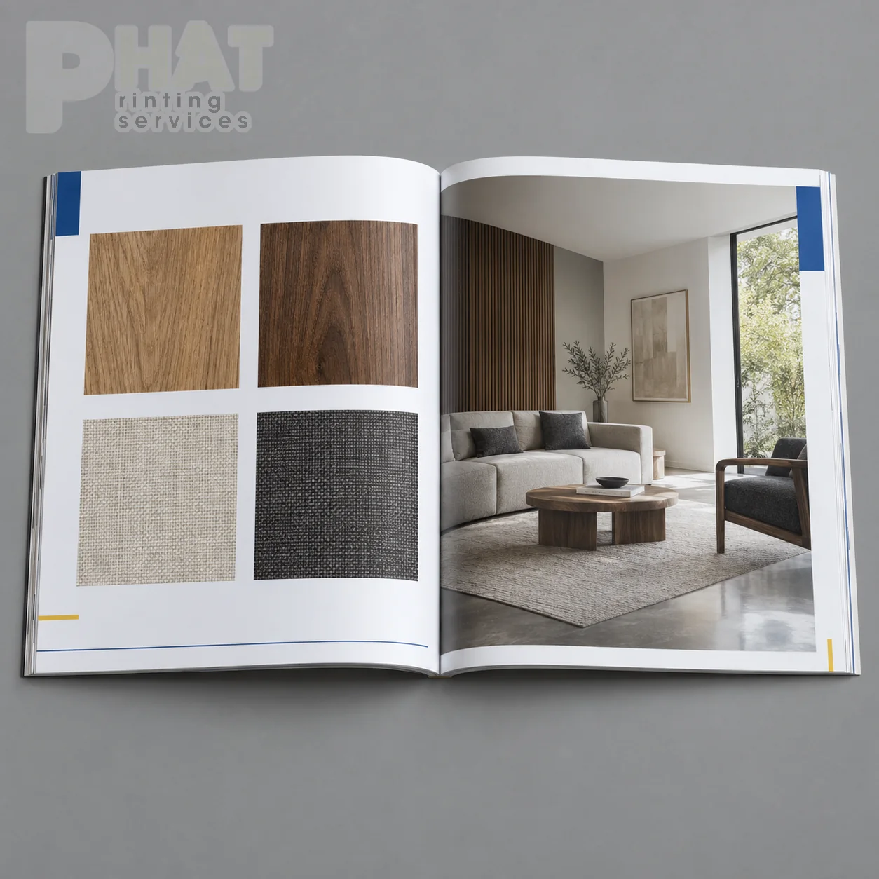 Minh họa trang catalogue nội thất in ảnh vân gỗ và chất liệu vải