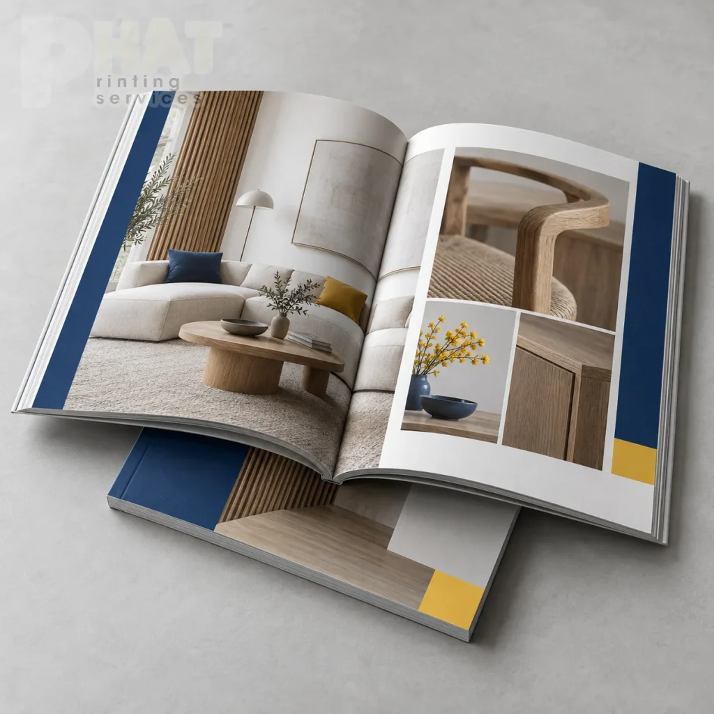 Minh họa hai cuốn catalogue nội thất mở ảnh phòng và bề mặt gỗ