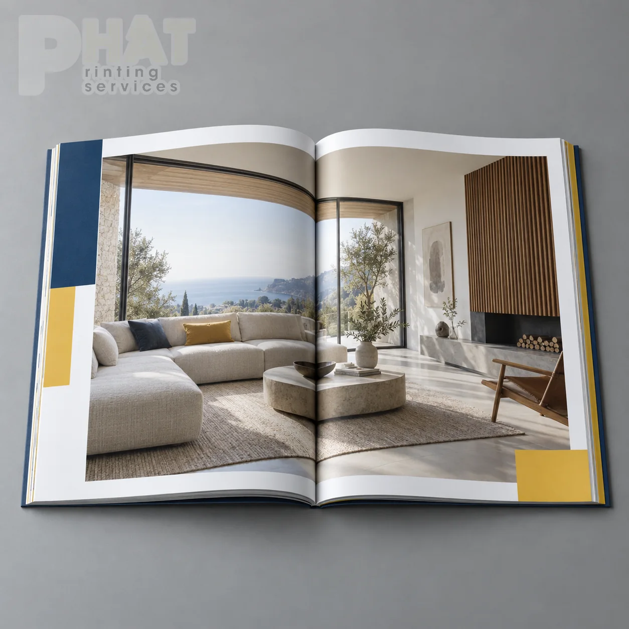 Minh họa catalogue nội thất mở trải trang ảnh phòng khách trên giấy in