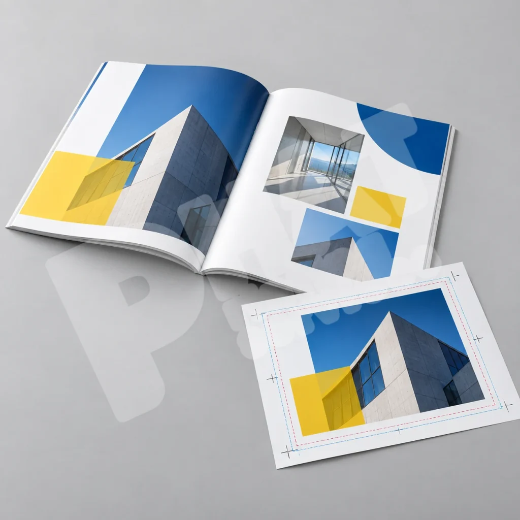 Catalogue mở và tờ in thử có dấu xén khi chuẩn bị PDF