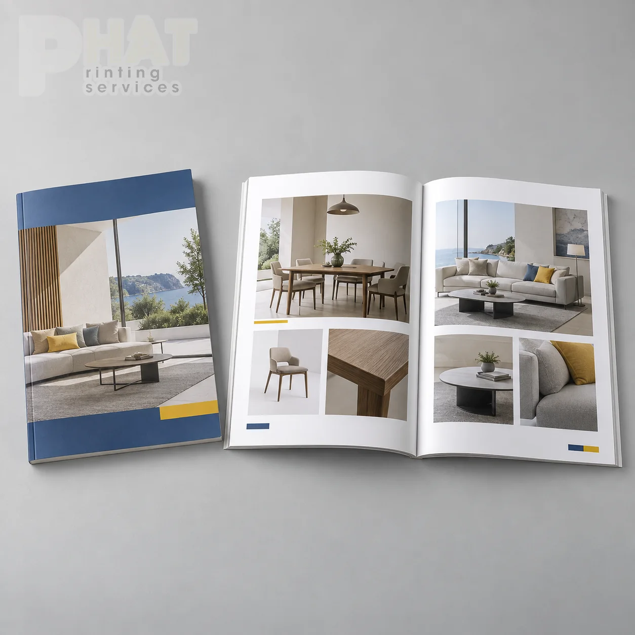Minh họa cuốn catalogue mẫu mở trang ảnh để kiểm bố cục trước khi đặt in tại Quận 1