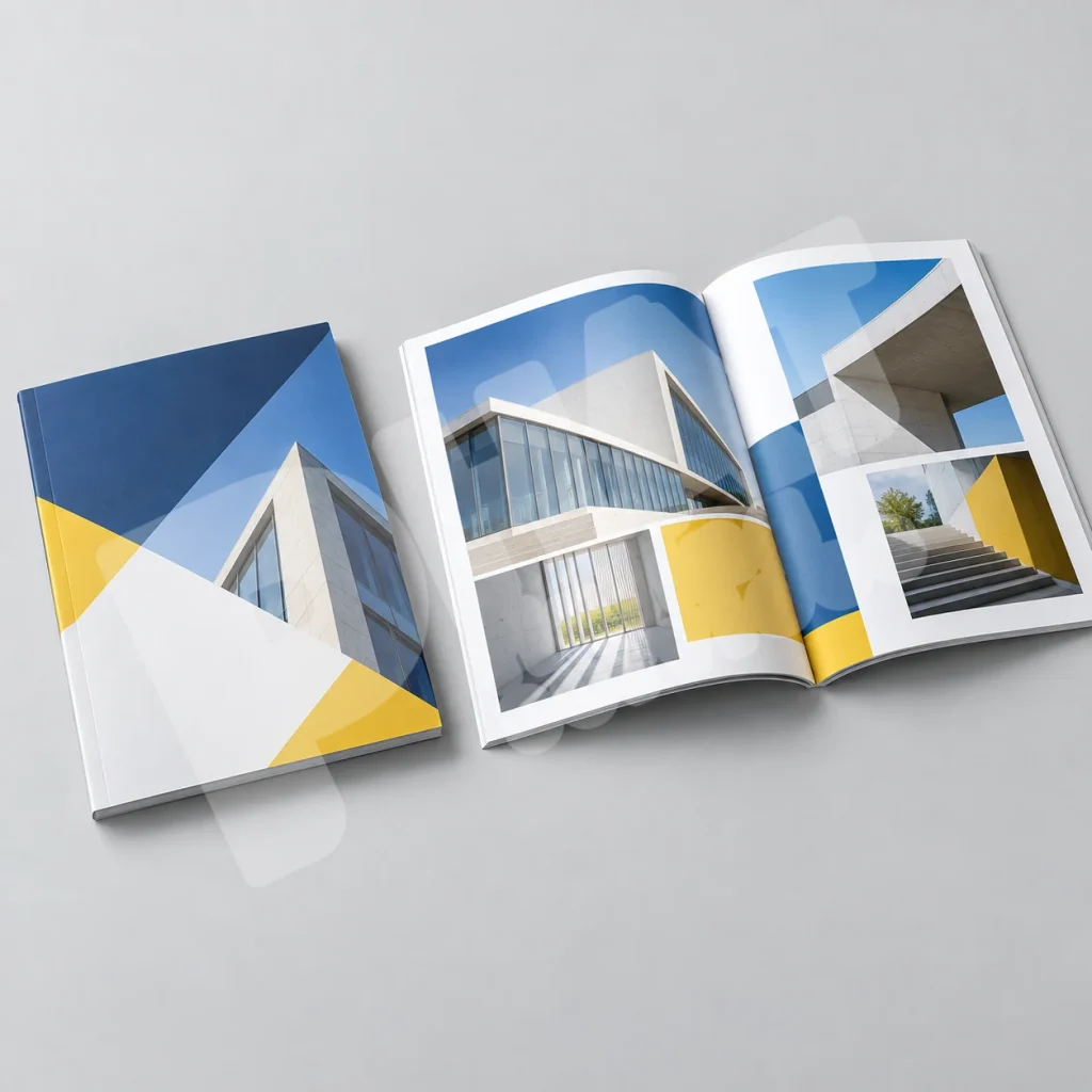 Catalogue mở cùng bìa thành phẩm trong quy trình thiết kế và in