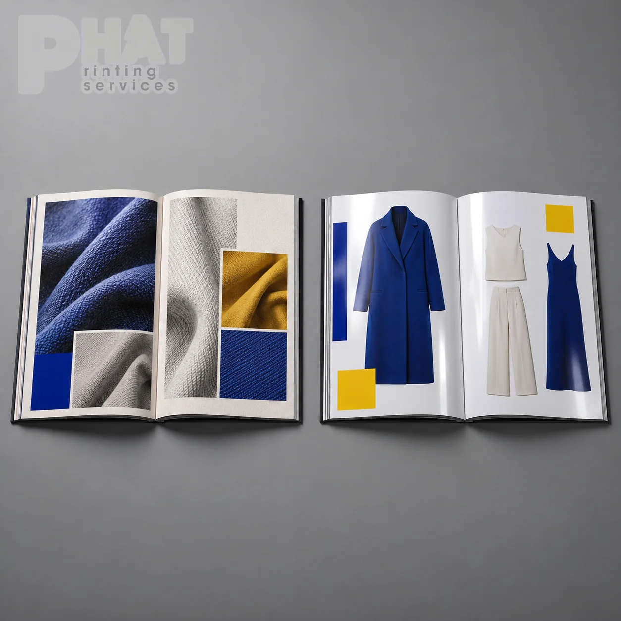Minh họa hai cuốn catalogue thời trang trên giấy bề mặt mờ và bóng