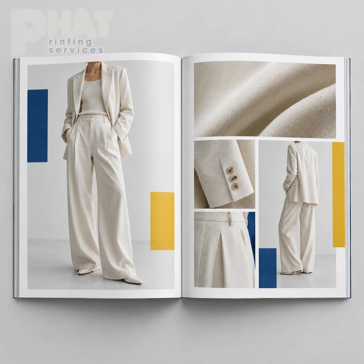 Minh họa catalogue thời trang mở ở trải trang hình và chi tiết trang phục