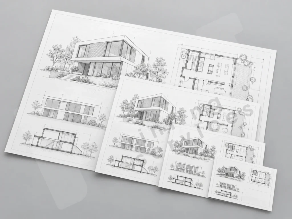 Bốn khổ bản vẽ kiến trúc minh họa lựa chọn khổ in A0 A1 A2 A3