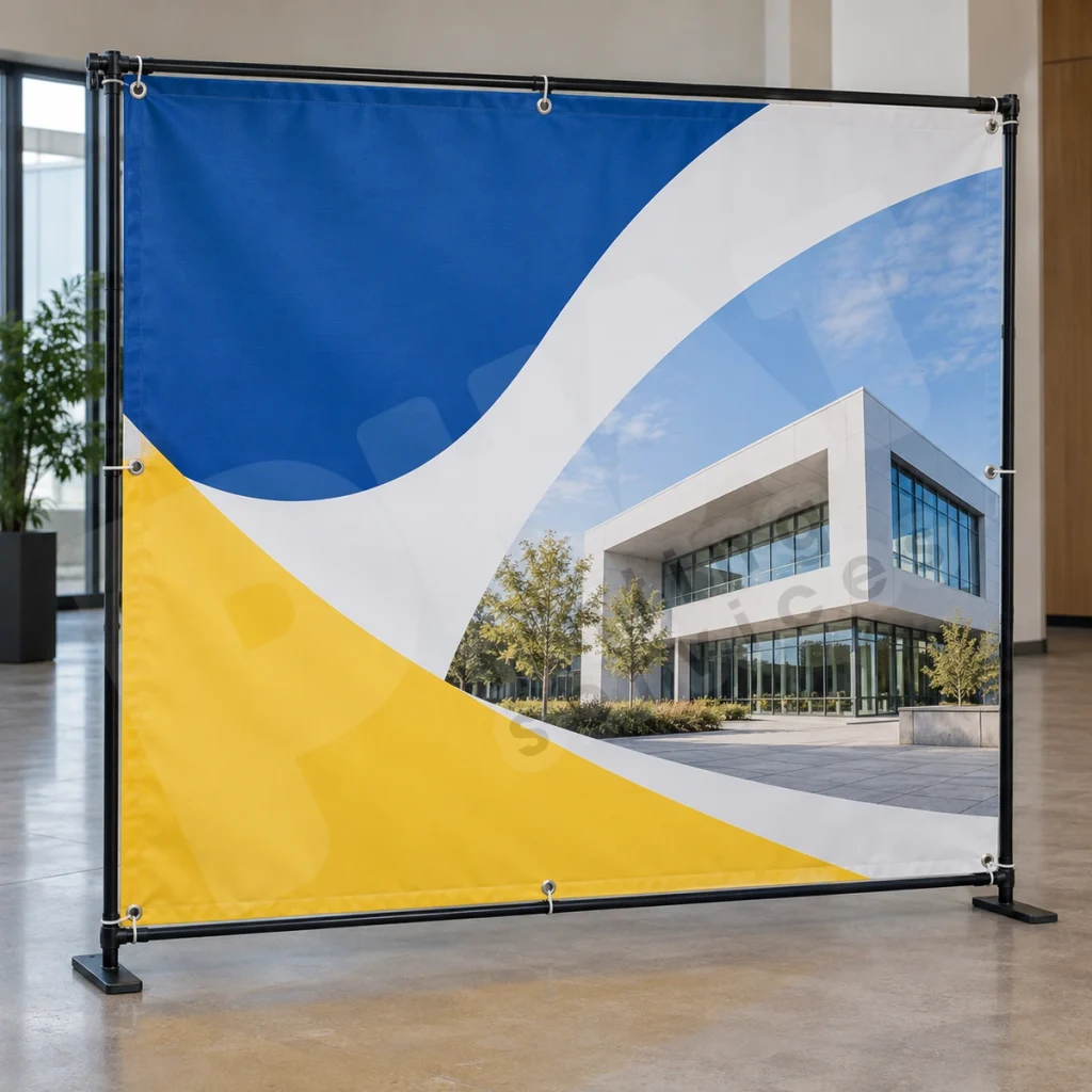 Banner có mép gấp và khoen gắn vào hệ tiếp nhận trong nhà, minh họa ứng dụng