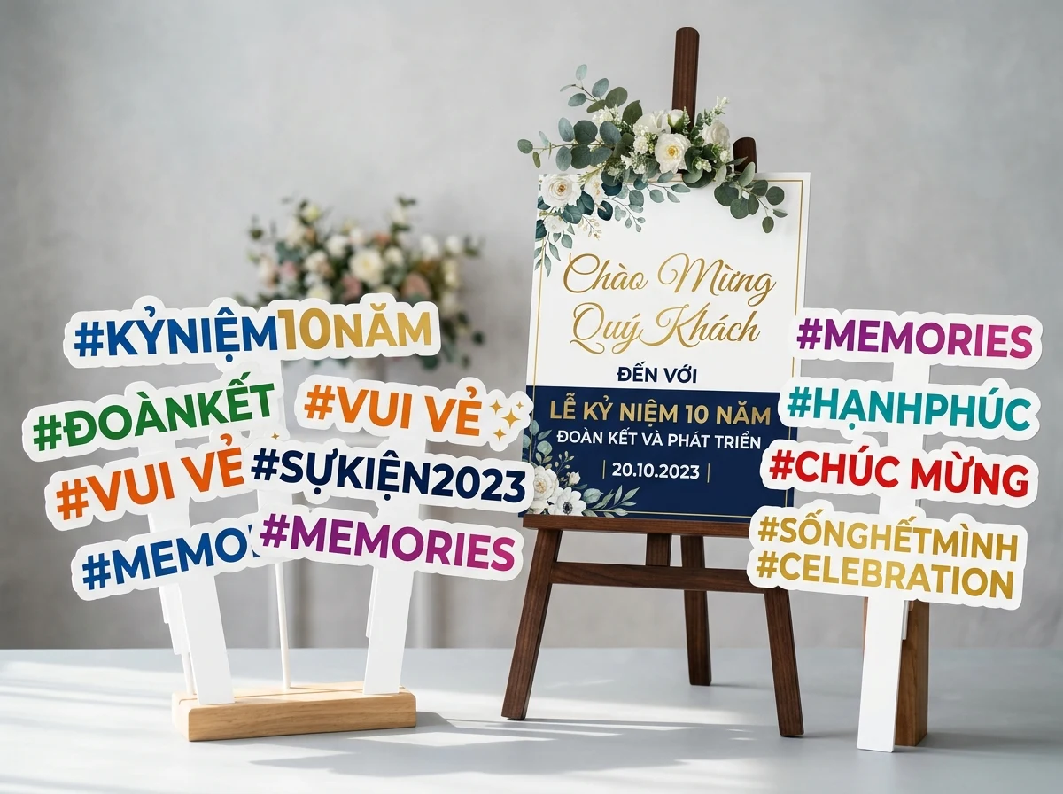 Bộ hashtag cầm tay check-in sự kiện in PP bồi format 5mm cán màng mờ