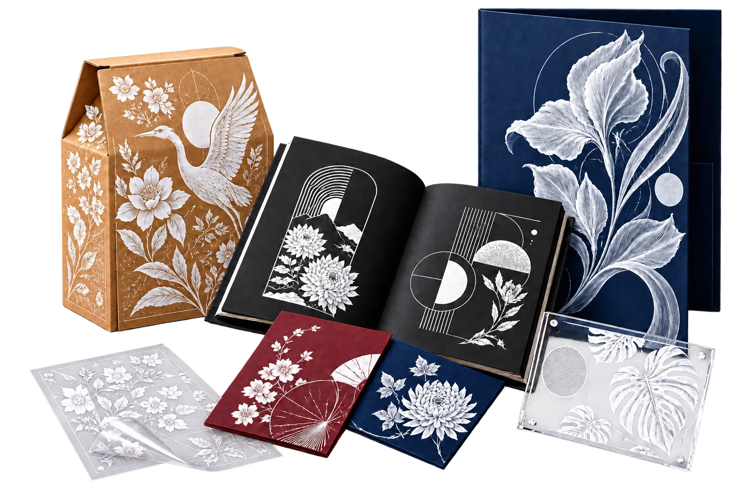 Bộ ấn phẩm in mực trắng: hộp giấy kraft, catalogue bìa đen, sổ bìa navy, decal trong và khung mica tại Nhà In Phát