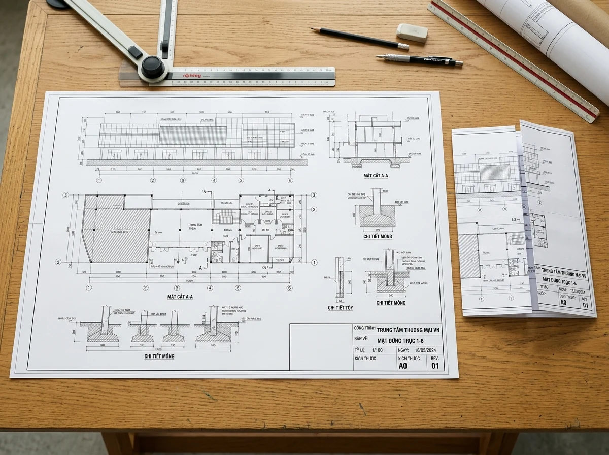 Tờ bản vẽ kỹ thuật khổ lớn dùng để đối chiếu nét và bố cục trước khi in