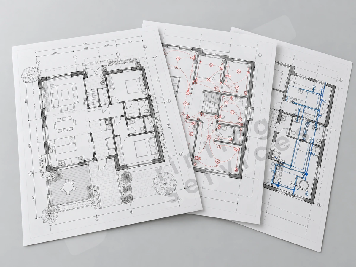 Các tờ bản vẽ minh họa đường kiến trúc đen, tuyến điện đỏ và tuyến nước xanh có ký hiệu riêng
