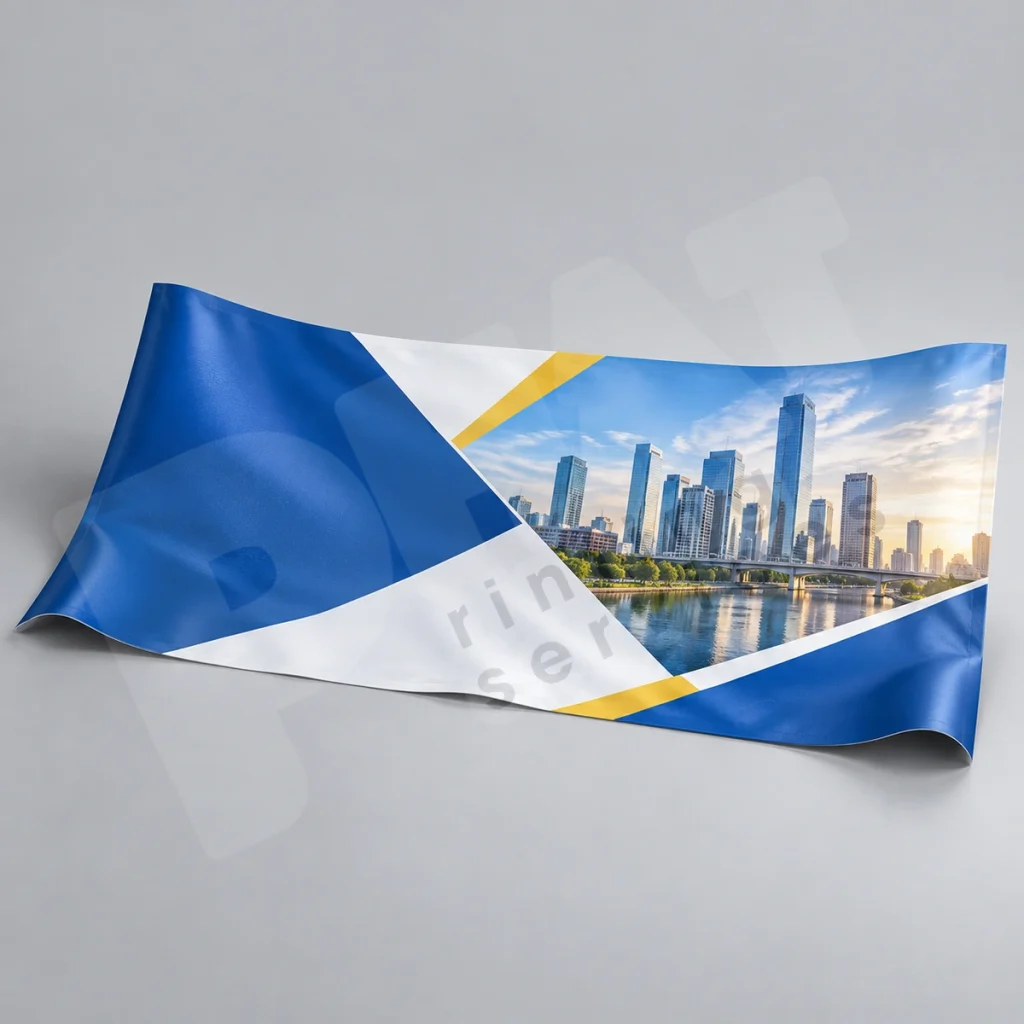 Banner mềm in hình quảng cáo minh họa vật phẩm in vật lý trên nền studio xám