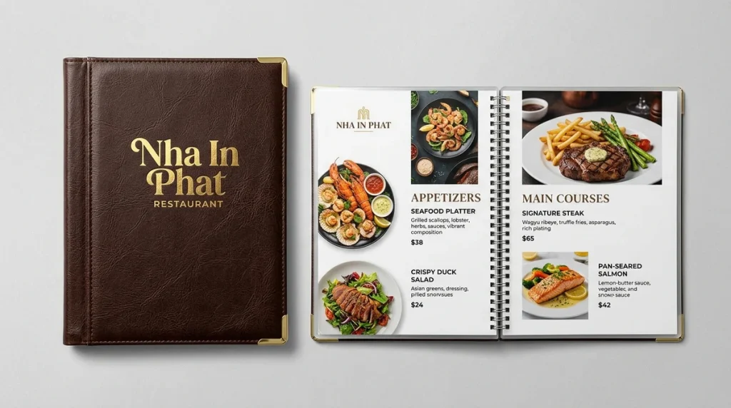 In menu nhà hàng Quận 1 lấy liền - Menu bìa da ép kim và menu nhựa chống nước cao cấp