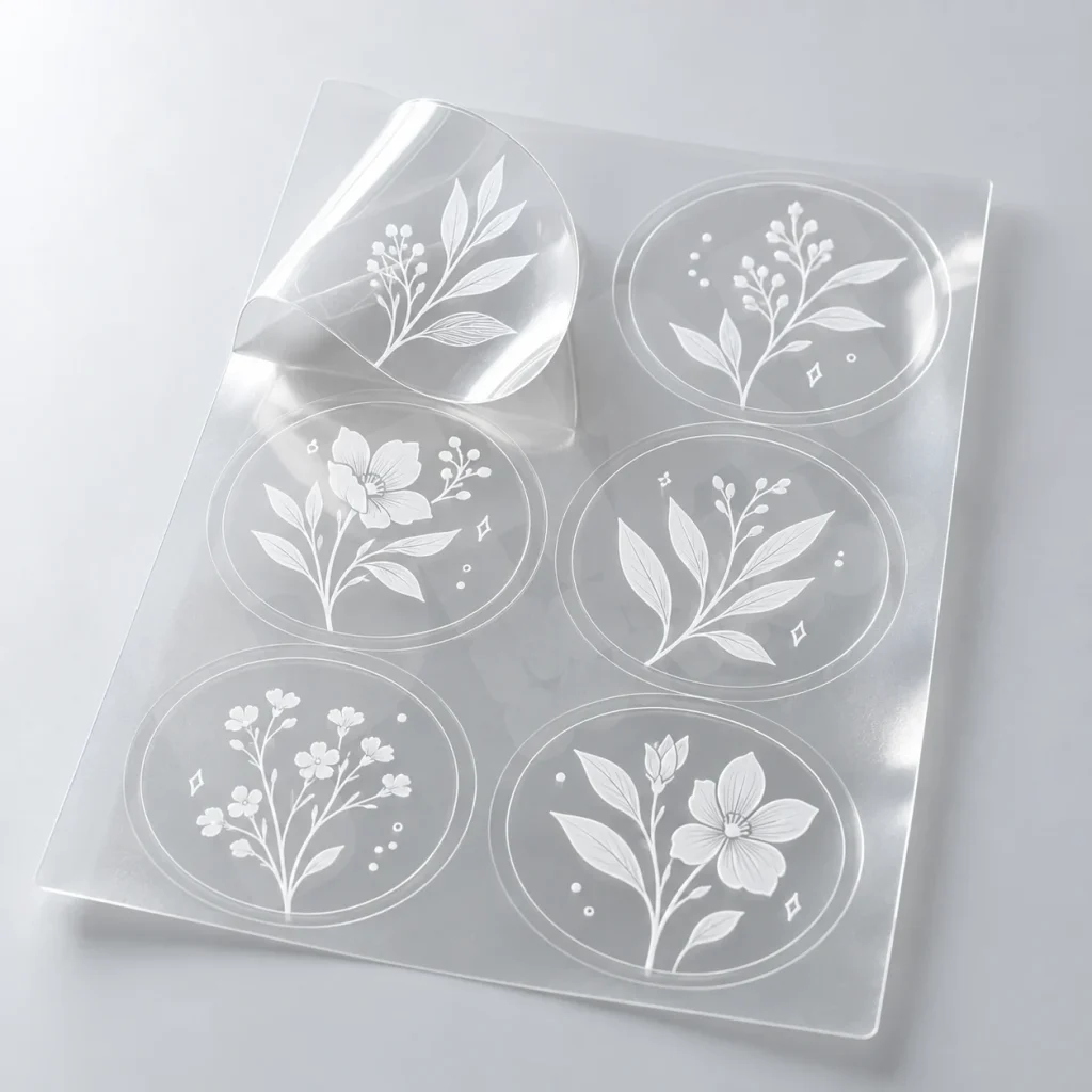In mực trắng trên decal trong với họa tiết thực vật màu trắng đục.