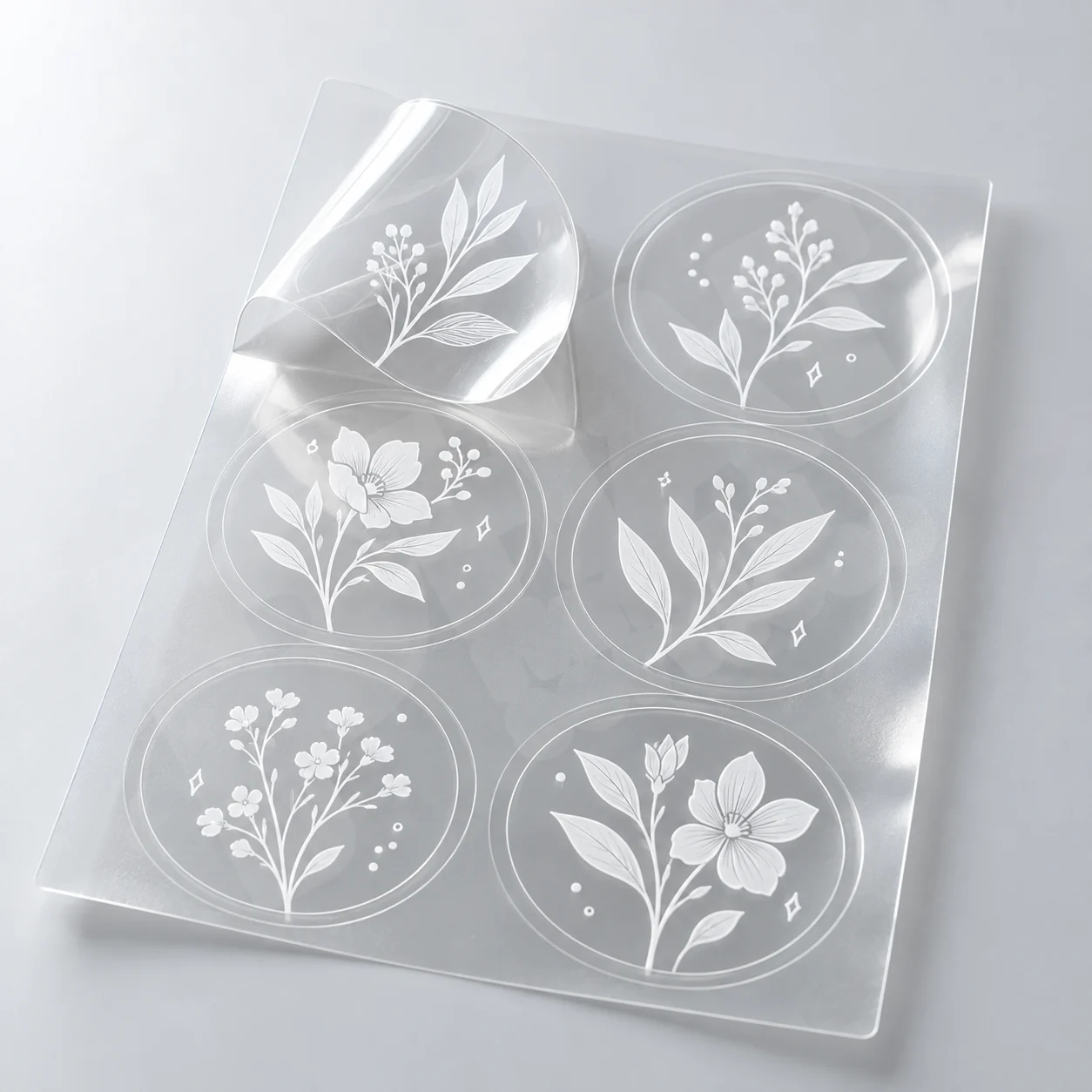 In mực trắng trên decal trong với họa tiết trắng đục