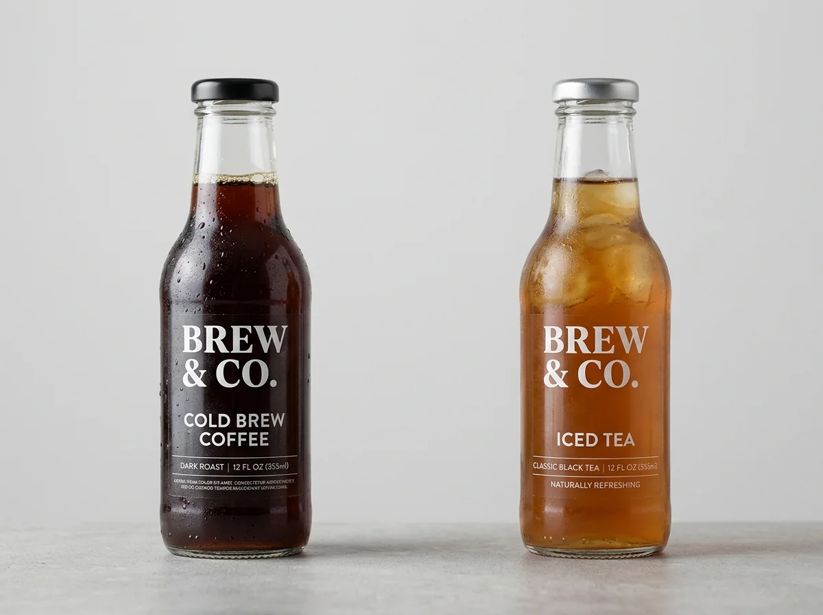 Mẫu in tem nhãn đồ uống chai cold brew trong suốt phong cách tối giản