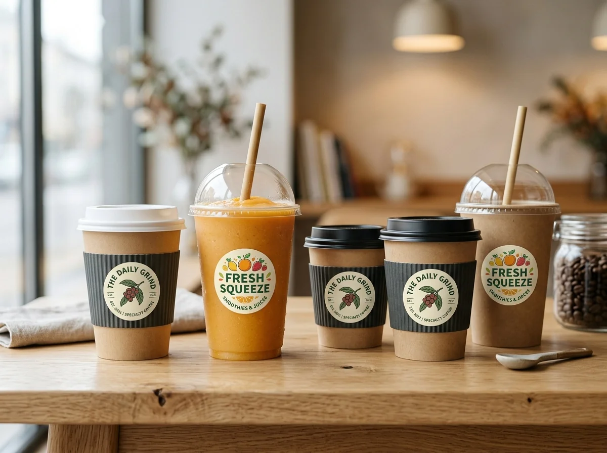 Mẫu in tem nhãn ly cà phê mang đi dán ly giấy take-away