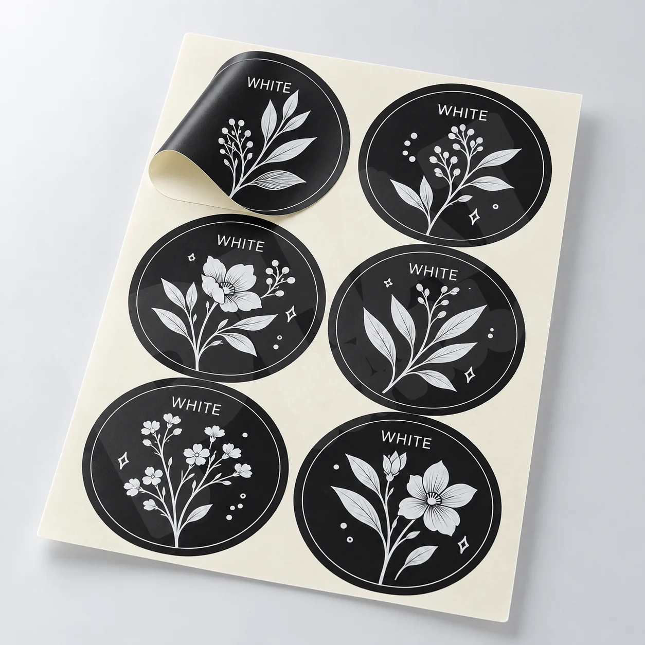 Ảnh minh họa tem decal đen in chữ WHITE và họa tiết hoa lá màu trắng